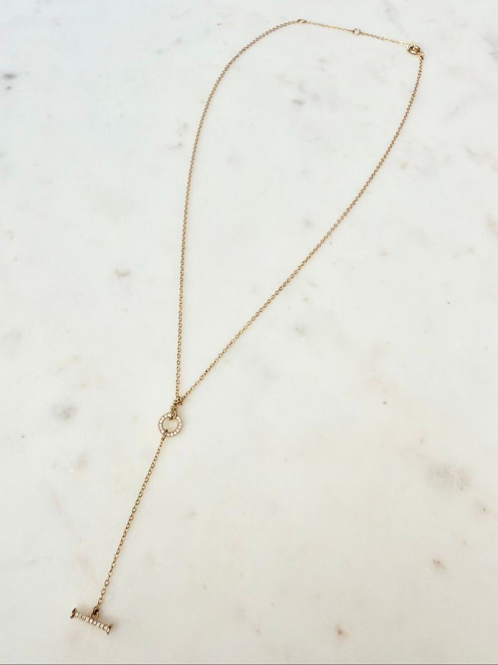 Gold Tone Rhinestone Circle Y Drop Lariat Necklace